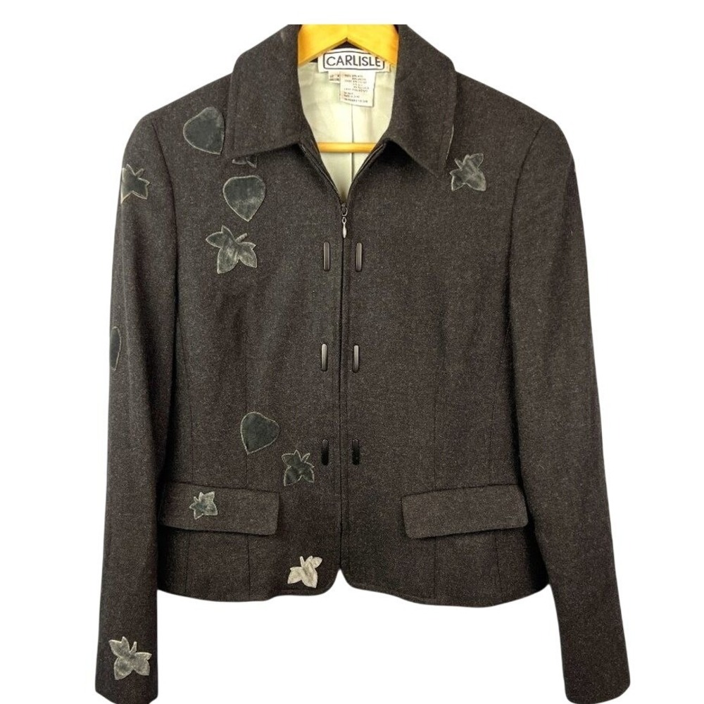 Vintage Carlisle Charcoal Gray Wool Blend Jacket Velvet Appliqué Size 8 Career